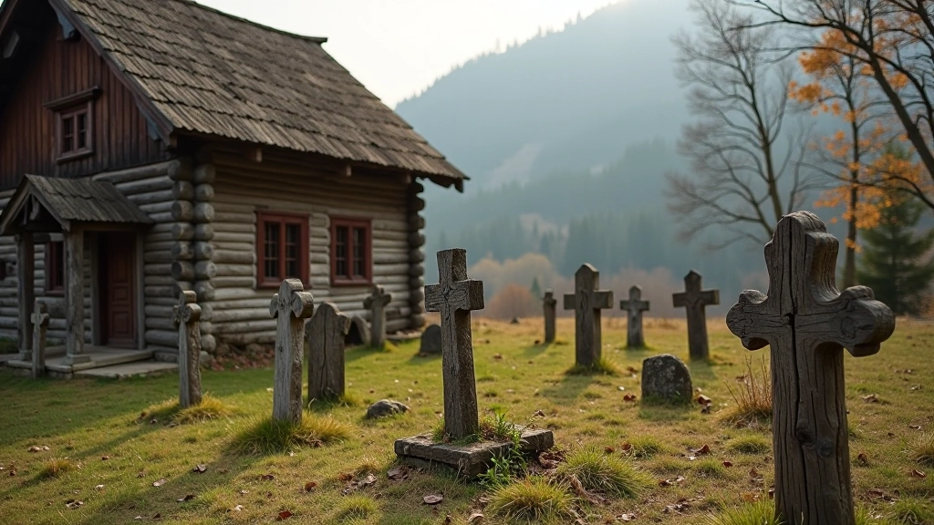 Historický dřevěný hřbitov s tradičními stavbami v pozadí