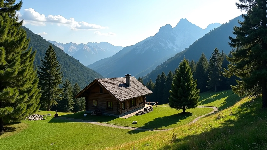 Tradiční horská samota v údolí s panoramatickým výhledem na Krkonošské hřebeny