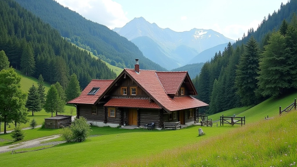 Tradiční dřevěná roubenka v horském údolí, červené střešní tašky, okolní krajina s lesy, jasný den, kvalitní fotografie