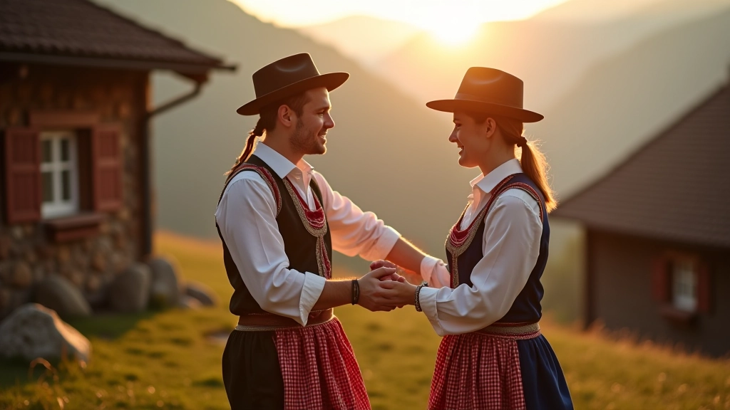 Místní lidé v tradičních krojích během folklorního festivalu, tancují a slaví kulturní dědictví regionu